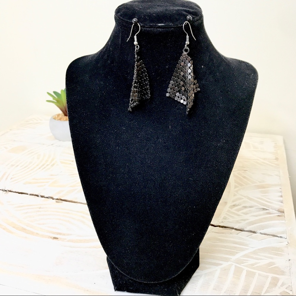 Diamond Shape Black Metallic Drop Earrings
